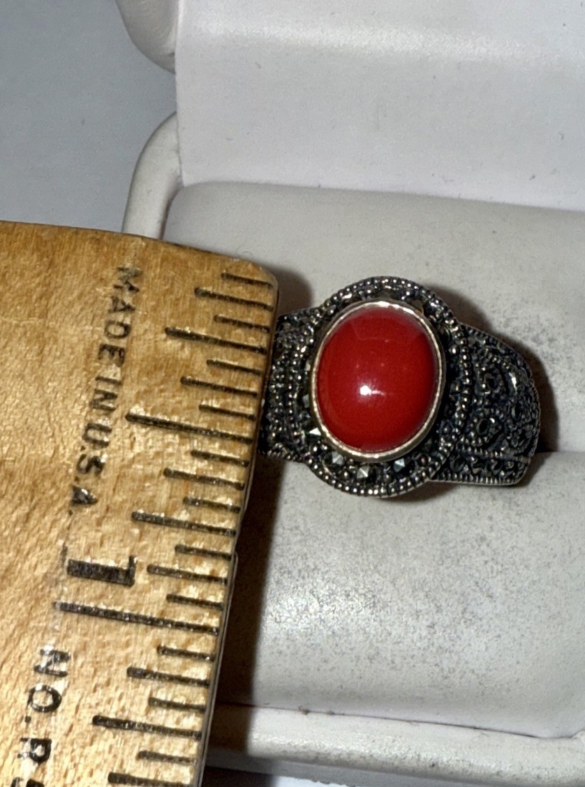 Vintage Solid Sterling Silver Natural Red Coral Marcasite Ring Size 8.75