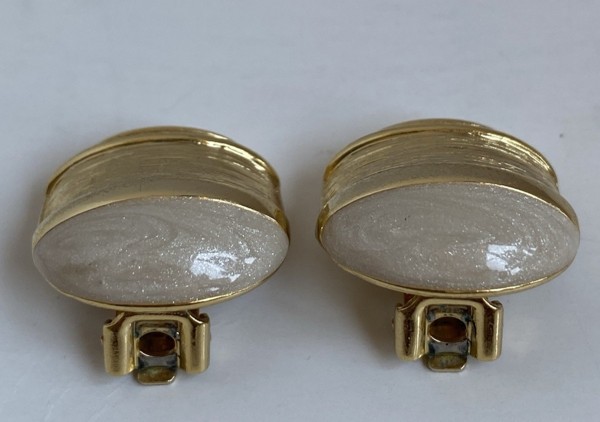 Vtg ORENA Paris Signed Clip On Earrings Gold Alloy & Sparkly White Faux Pearl
