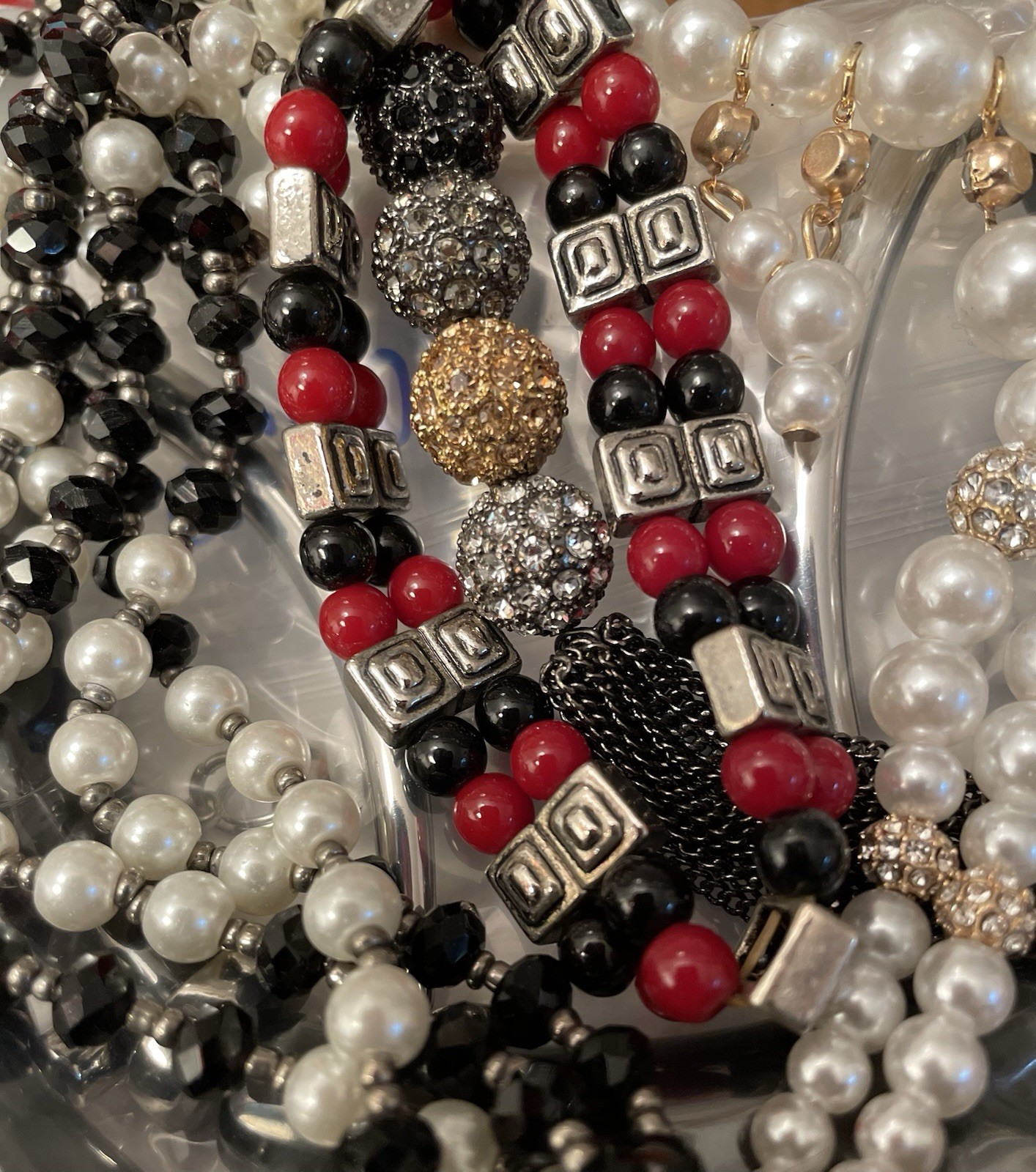 4.6 Lbs Mixed Beaded Jewelry Lot Black Red White Silver Tone Gold Tone Boho Vtg