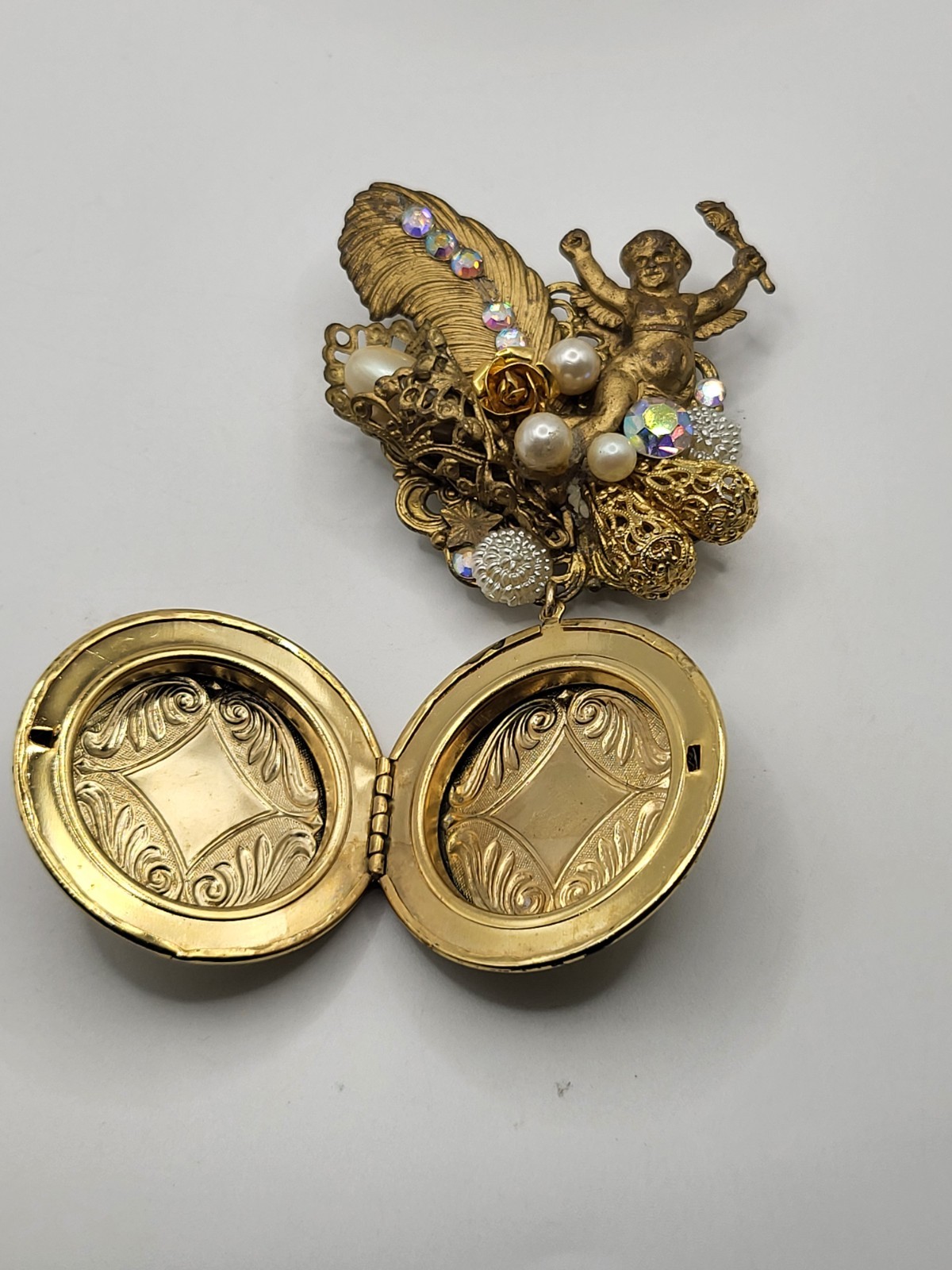 Victorian Revival Gold Tone Ornate Angel Brooch Locket AB Crystals Faux Pearls