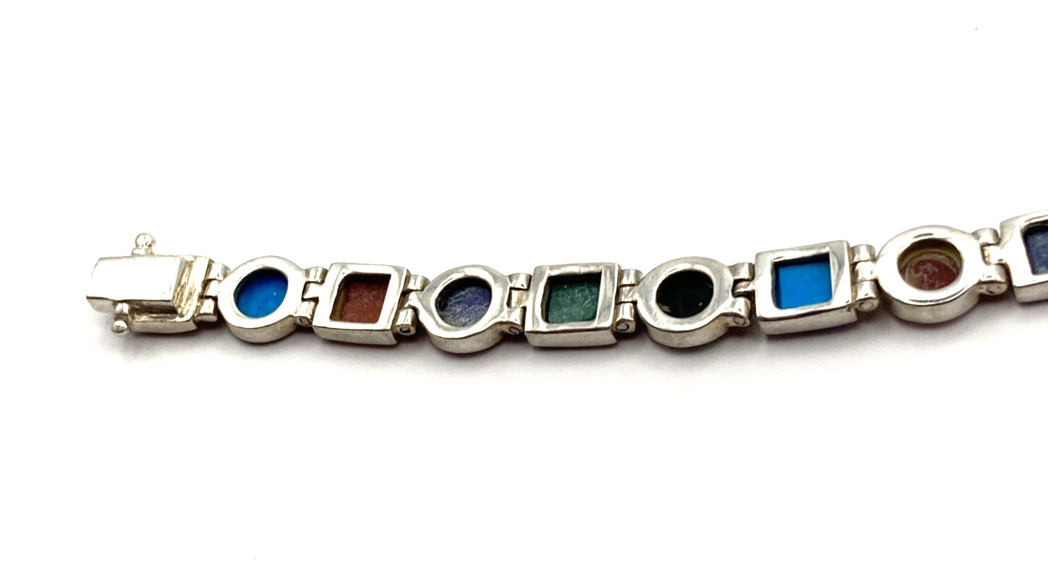 Vintage Sterling Silver Multi-Gemstone Signed Link Bracelet-Hinged-Flexible
