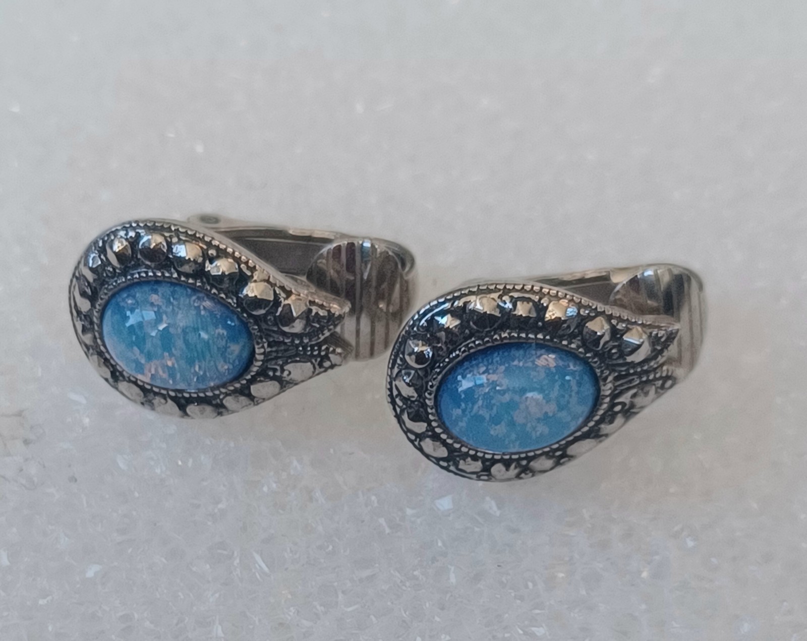 Vintage 1960s Blue Opal Glass Teardrop Silvertone Clip Earrings