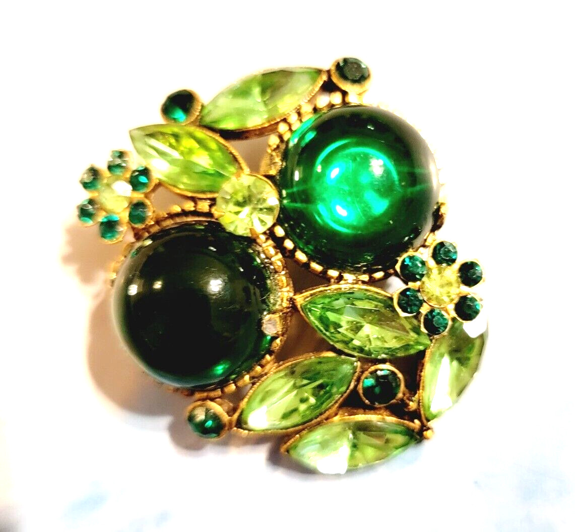 Vintage Large Gripoix Rhinestone Brooch Pin, Green Glass Floral Mogul Jewelry