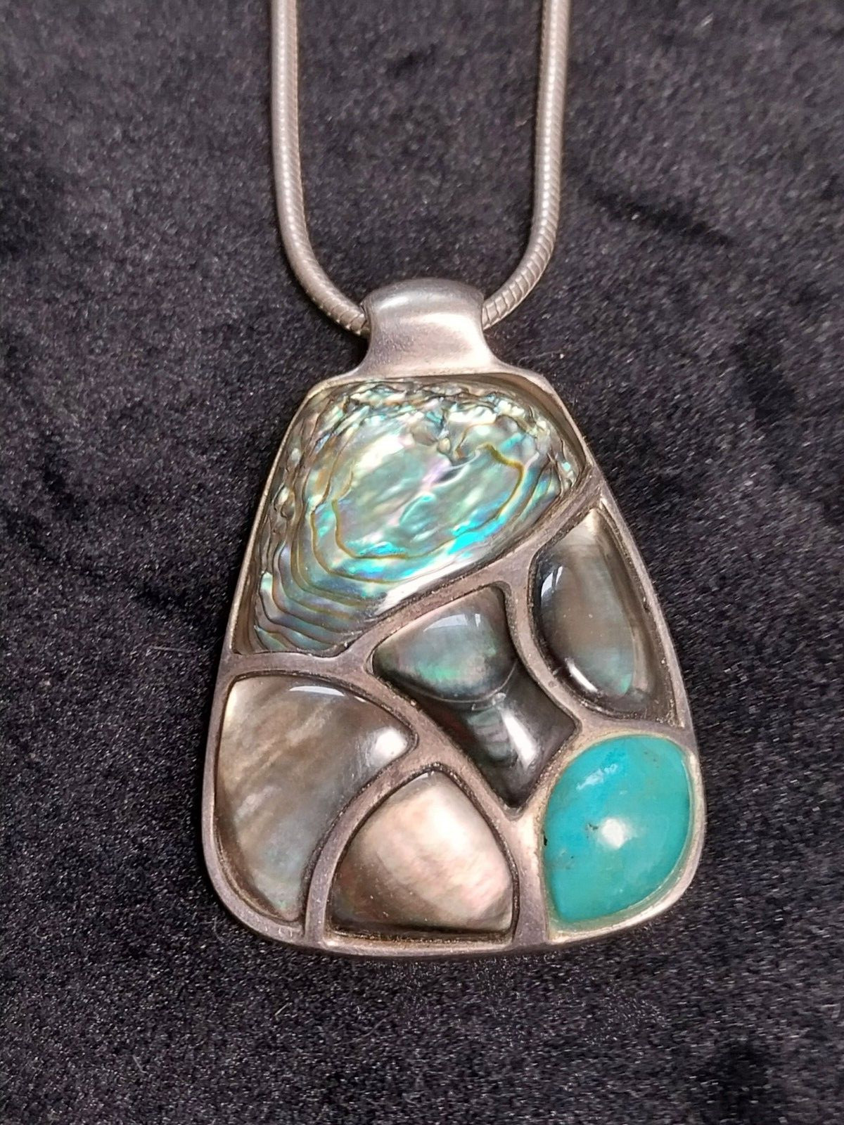 Vintage Abalone Shell Paua & Turquoise Abstract Cluster Pendant & Chain Necklace