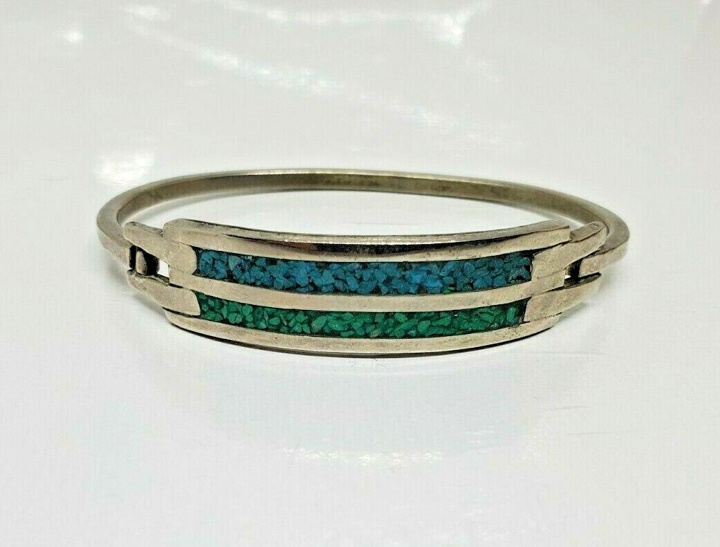 Turquoise Chip Inlay Bracelet Silver Tone Blue Green Side Opening