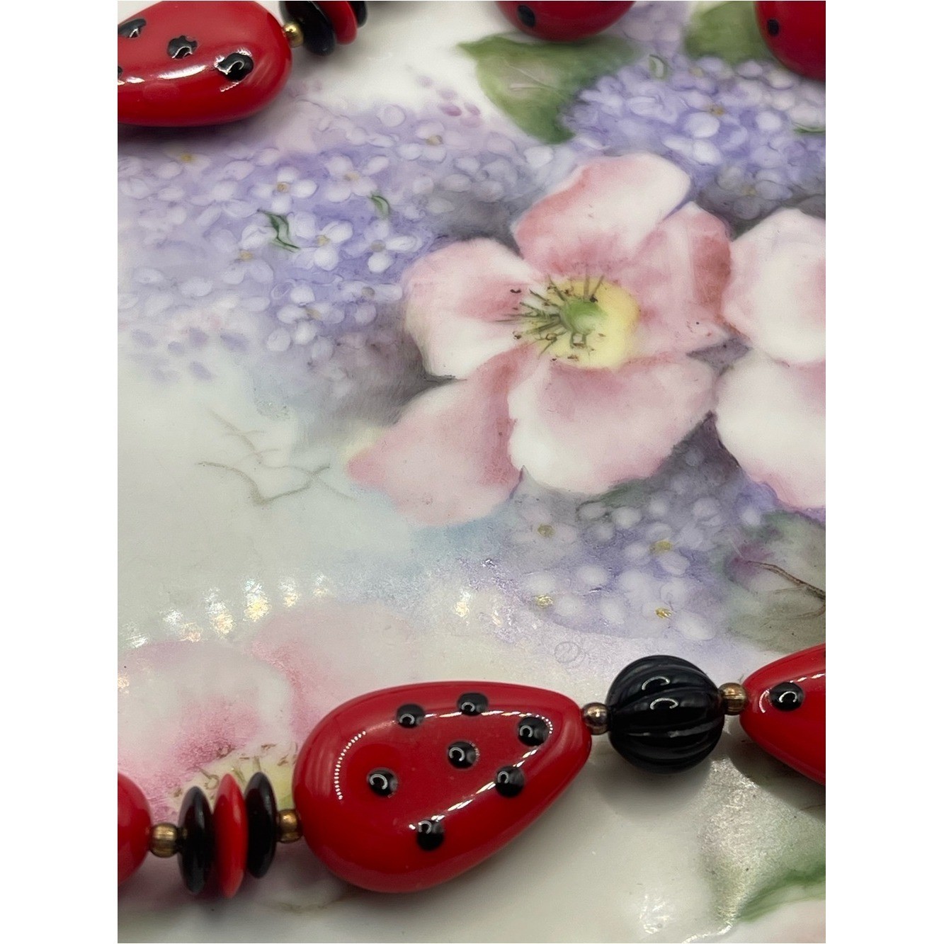 Vintage Red and Black Beaded Statement Necklace and Earrings Set