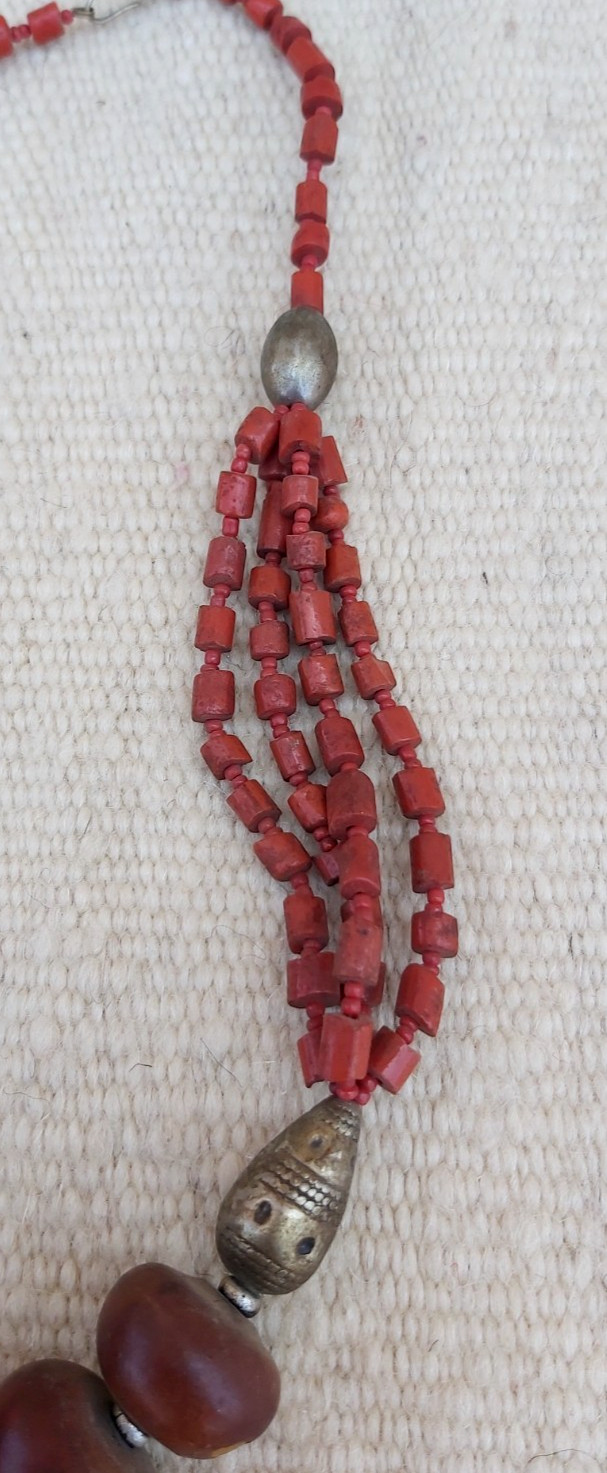 Vintage Tribal Coral Glass & Resin Copal Necklace Ethnic Metal Beads Boho Statem
