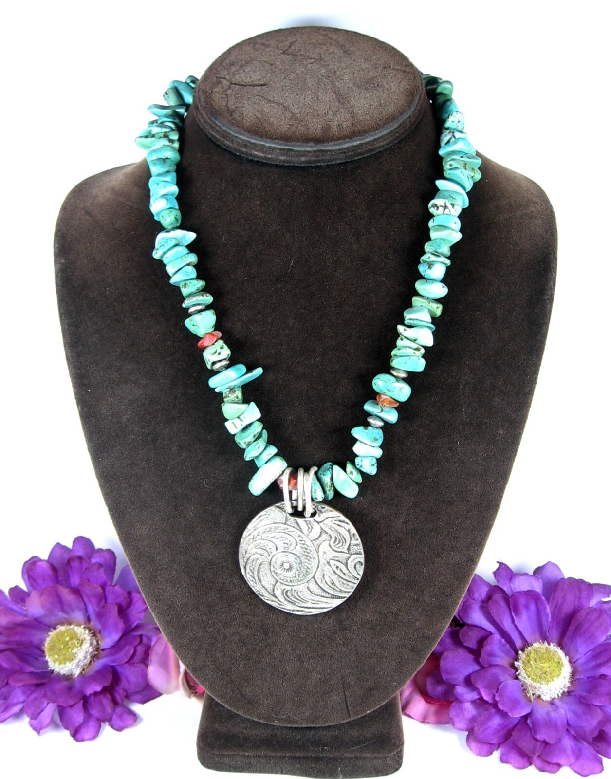 COLDWATER CREEK Vintage Green Turquoise Stone Bead Spiral PENDANT Silvertone 18″