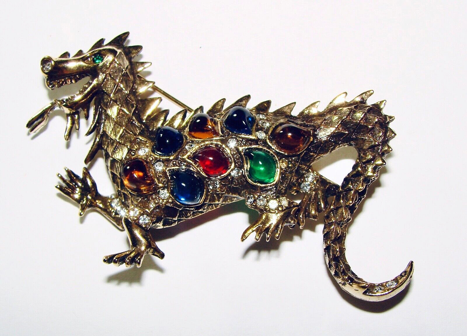 LA ROCO VINTAGE GRIPOIX GLASS MOGUL STYLE RHINESTONE DRAGON BROOCH PIN GOLD TONE