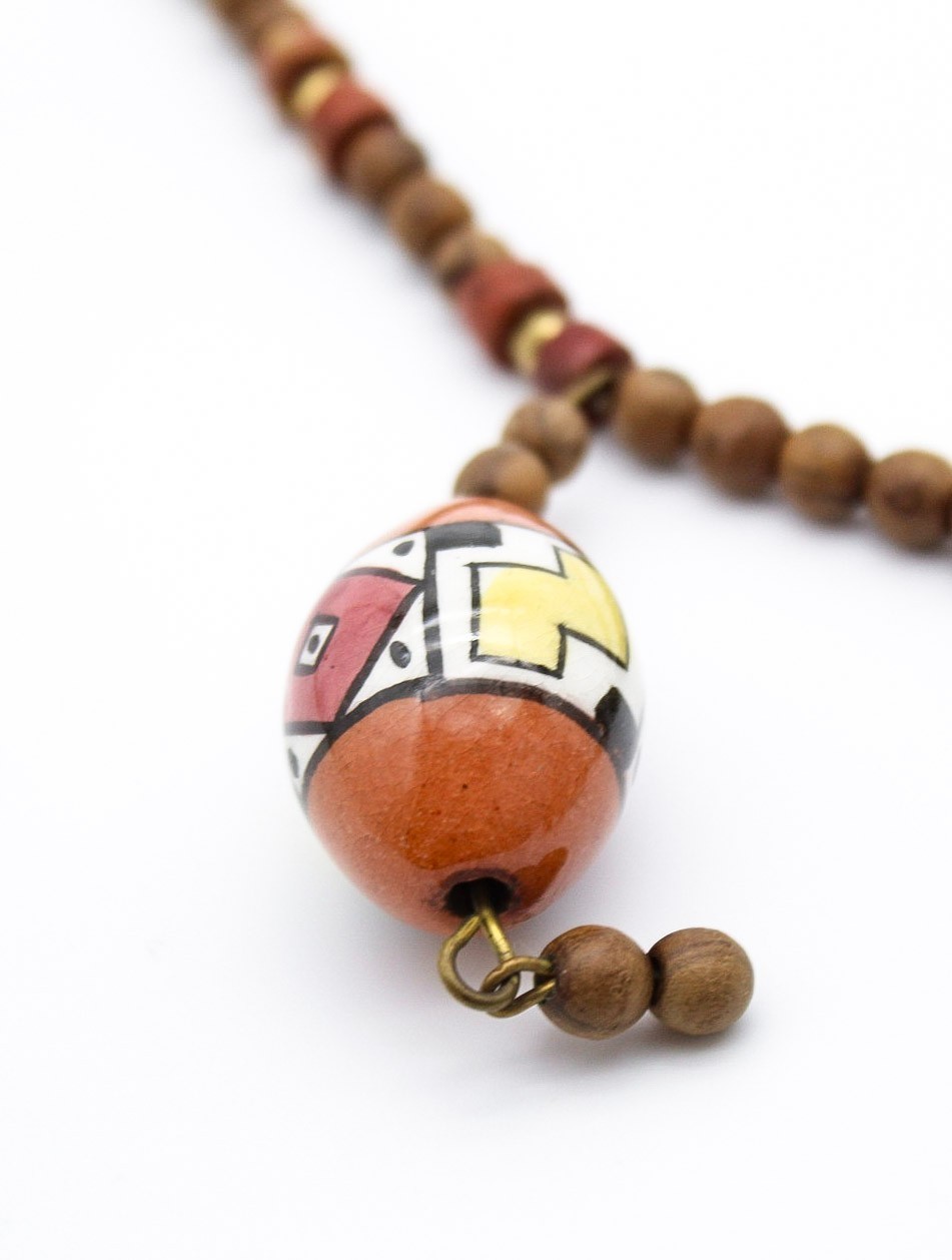 Vintage Tribal Style Hand Painted Ceramic & Wood Bead Statement Necklace