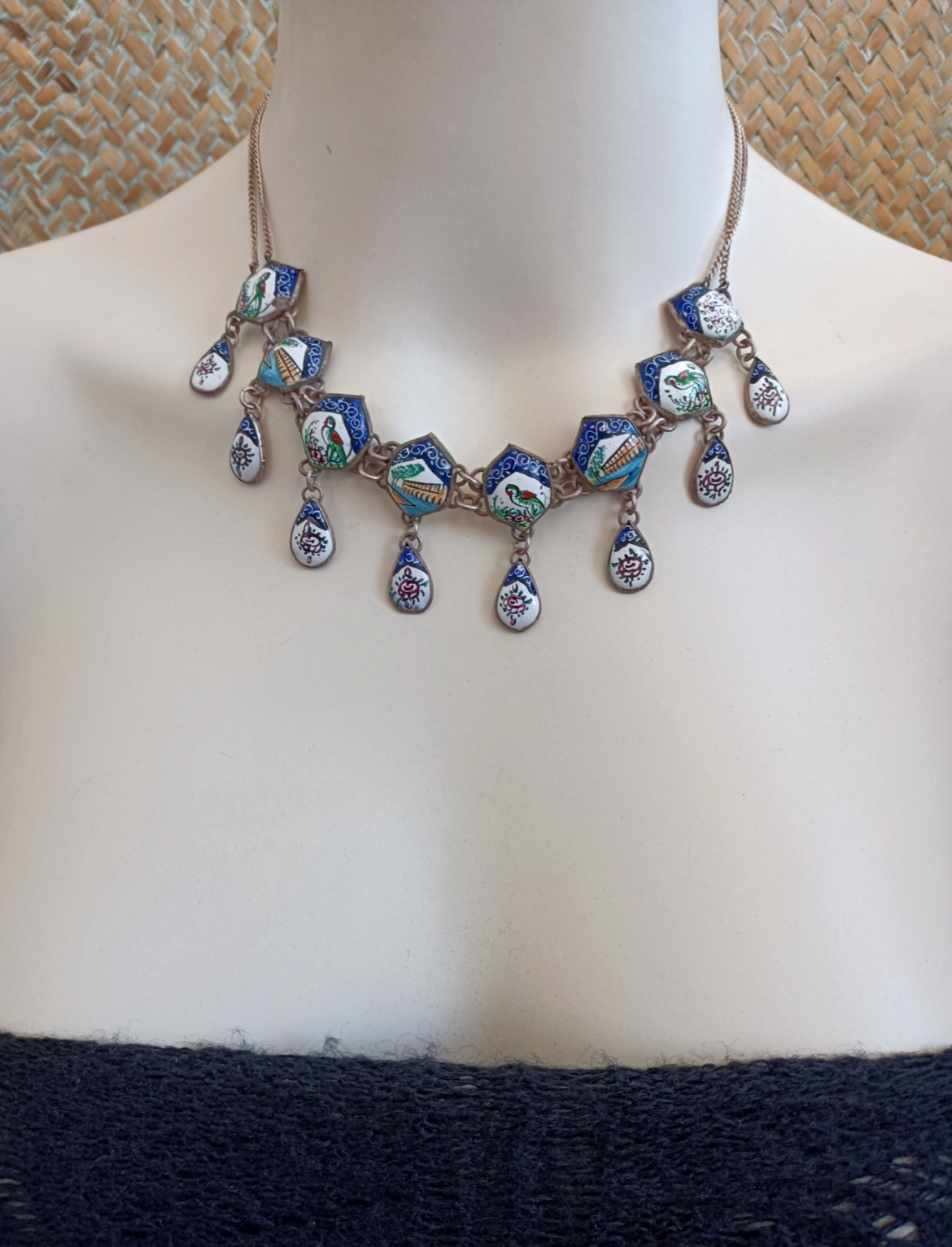 Boho Folk Art Middle Eastern Enamel Chandelier Necklace Blue Birds Landscape VTG