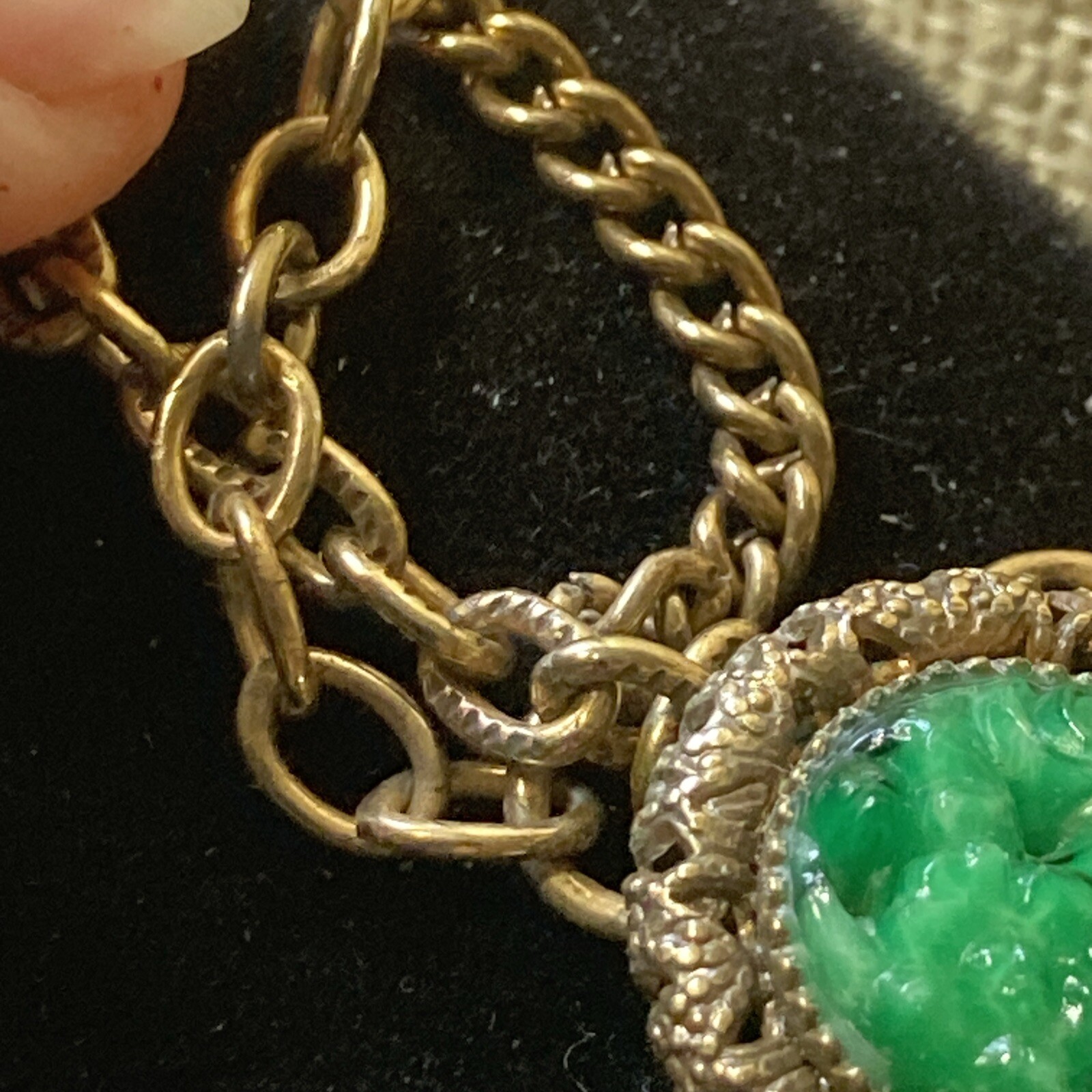 vtgAntq 3 Strand chains Art Deco 2 pendant Faux Jade molded Glass elegant detail