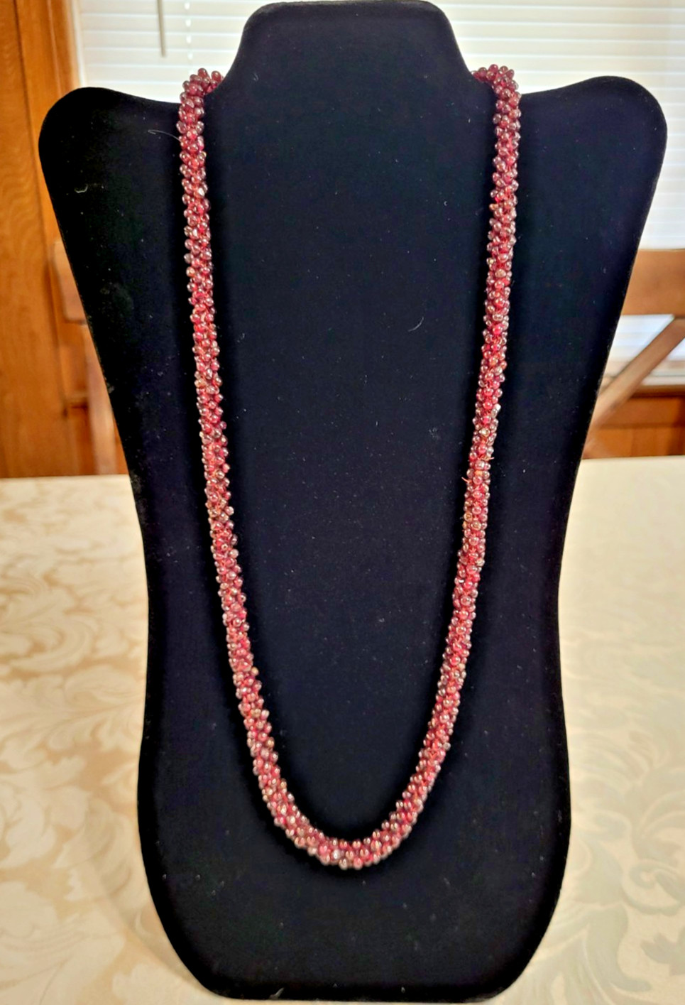 Vintage Woven Rope Deep Red Almandine Garnet Necklace 26 inch