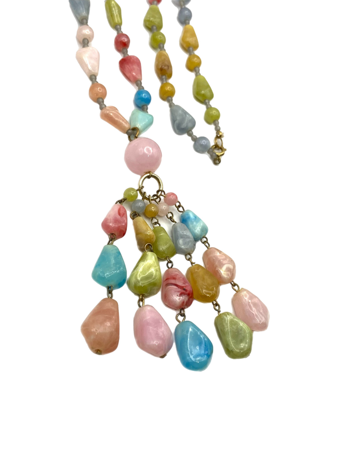 Vintage Chunky Pastel Multi-Color Beaded Tassel Pendant Necklace Plastic 30″
