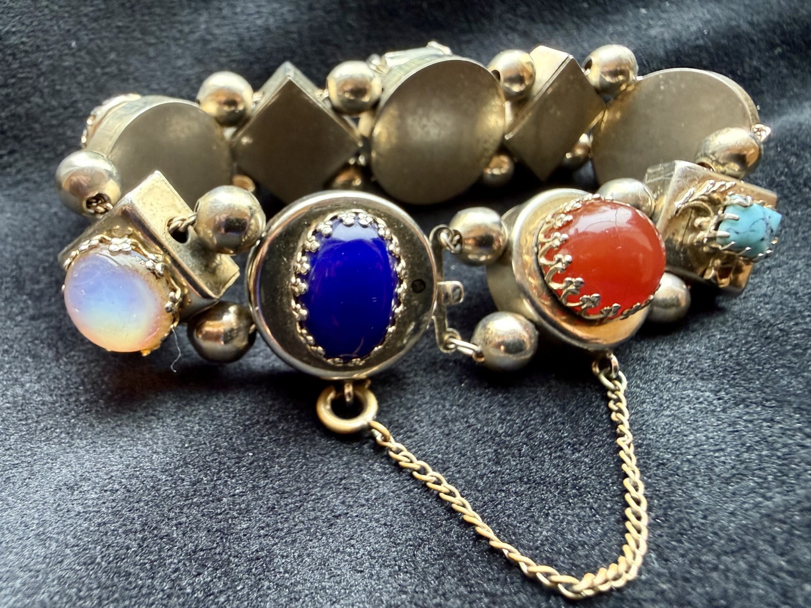 Victorian Revival Slide Bracelet with Gemstone and Shell Charms Vintage 7.5″