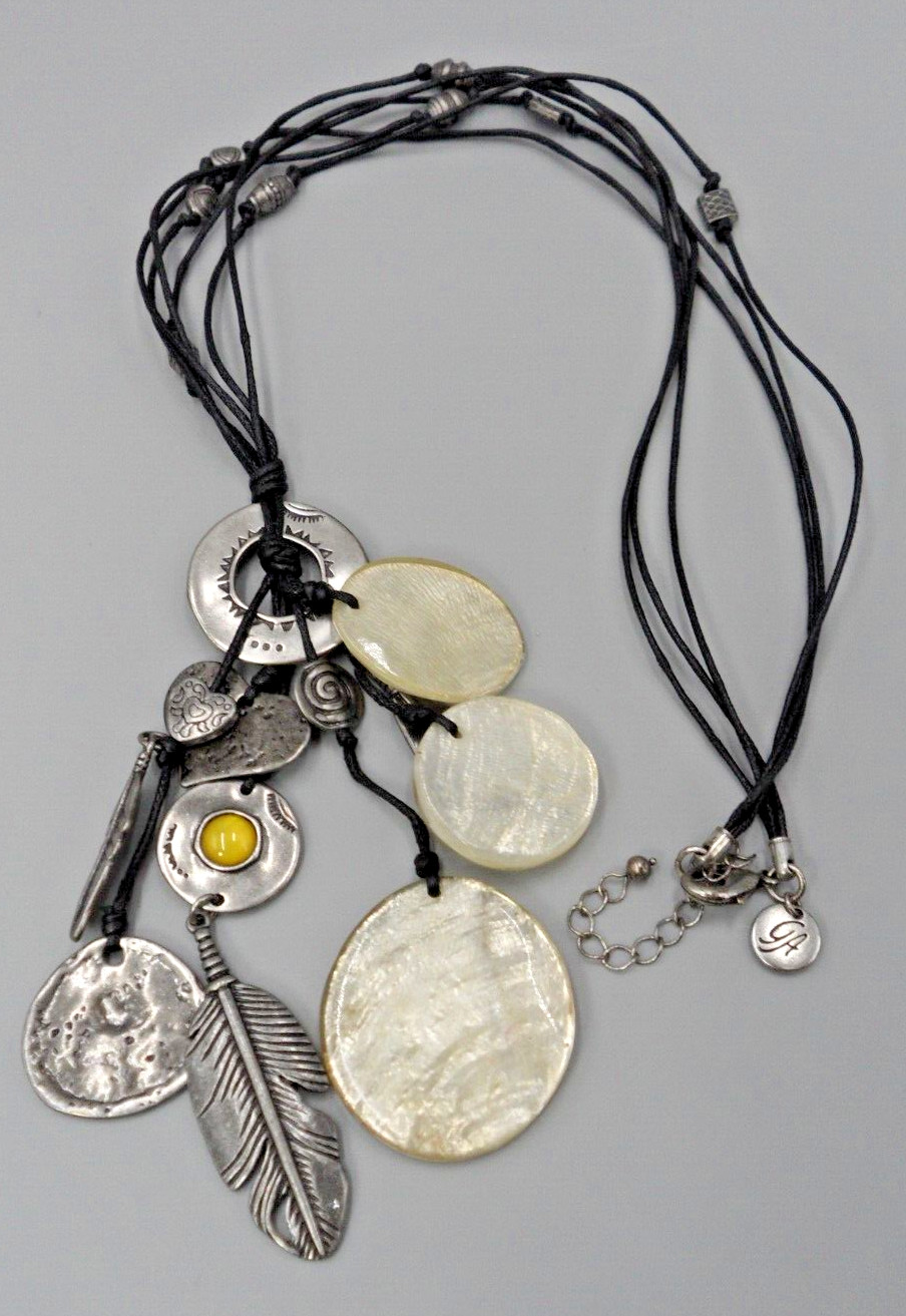 Beaded Charm Tassel Pendant Necklace Faux Shell Heart Feather Tribal Station Vtg
