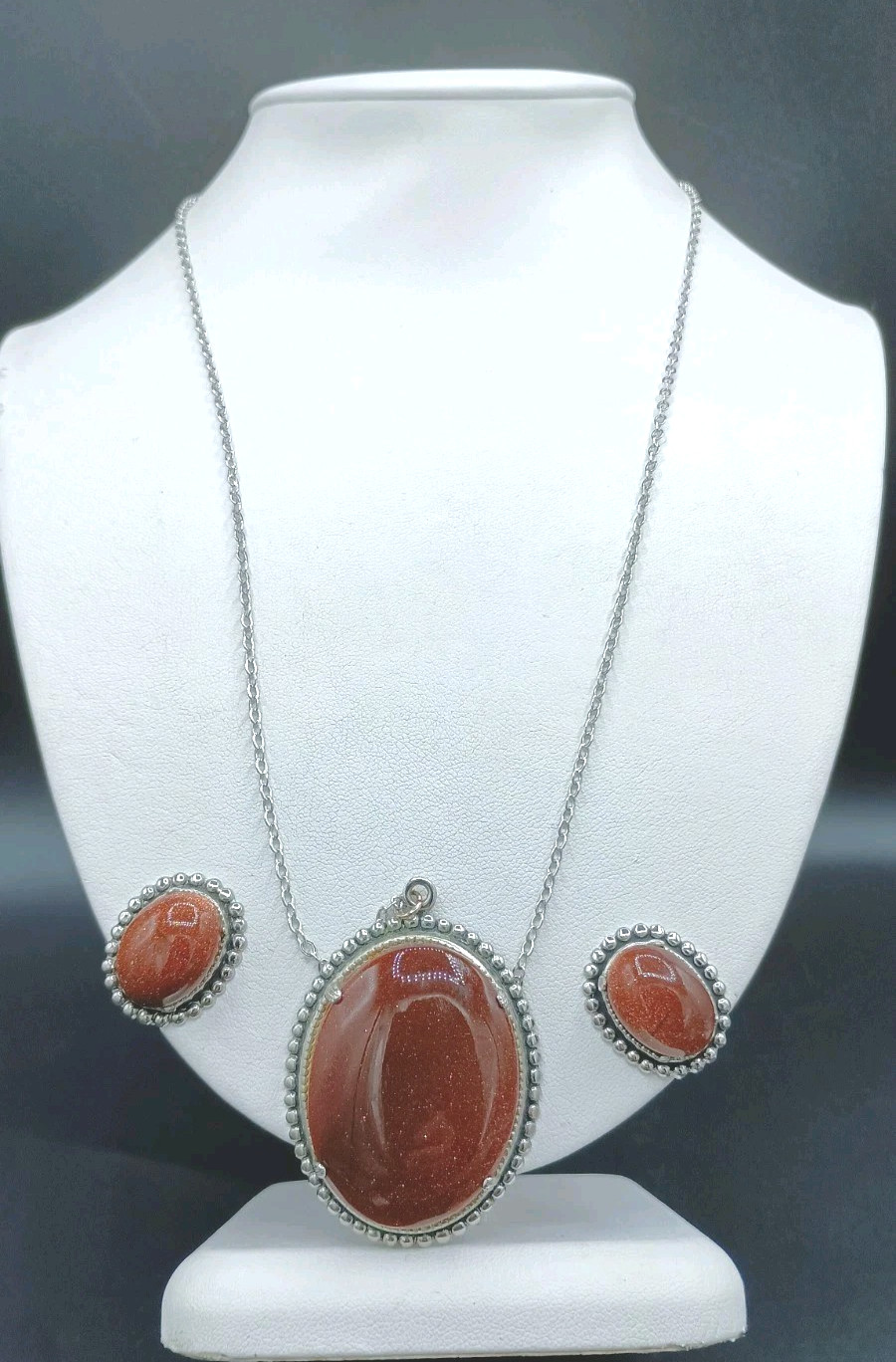 Vintage Goldstone Necklace Clip On Earrings Set Silver Tone