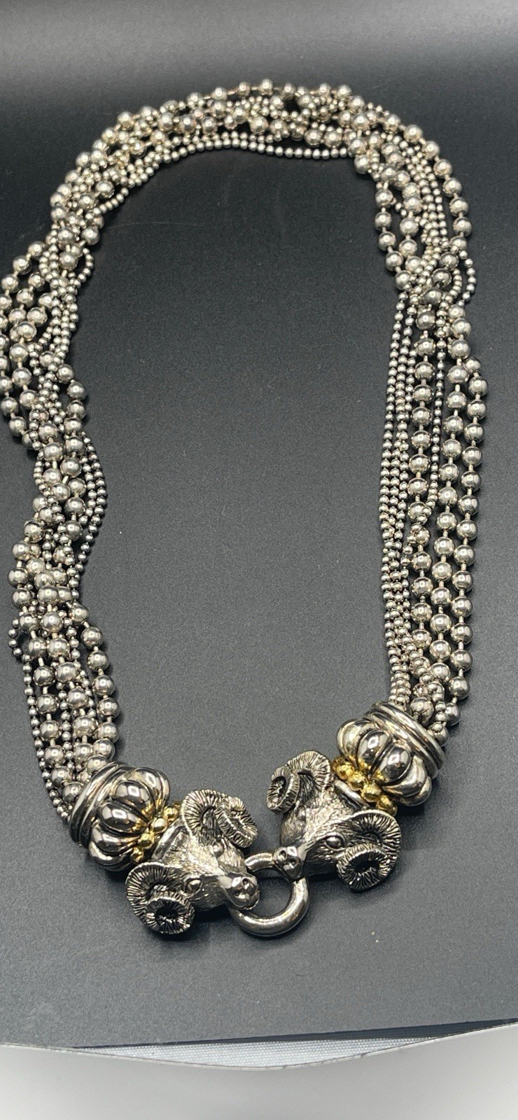 VTG Signed PISCITELLI 7 Strands Silver & Gold Tone Rams Head Statement Necklace
