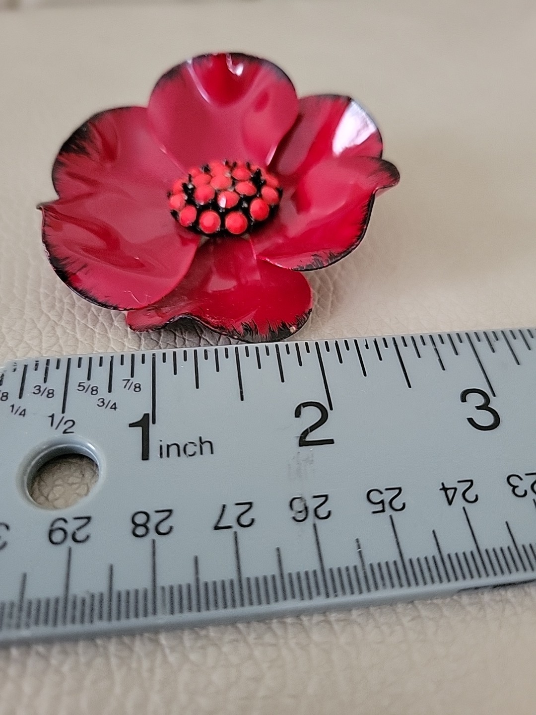 VNTG Large Bright Red Poppy Flower Brooch Black Border & Red Beads Center 2.5