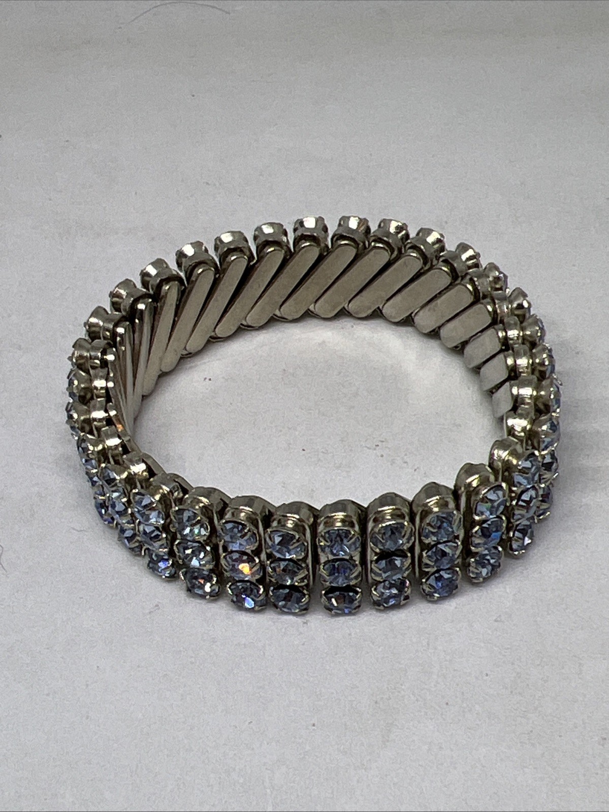 Vintage Expanding 3 Row Light Blue Rhinestone Bracelet Extra Small 5” Inside