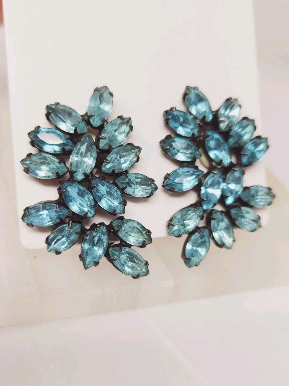 Vintage La Roco Blue Rhinestone Clip On Earrings Black Japanned 1 5/8″