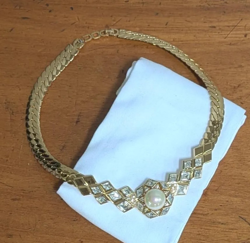 Vintage Christian Dior Pearl Crystal Collar Necklace Signed C Dior 1980s Choker