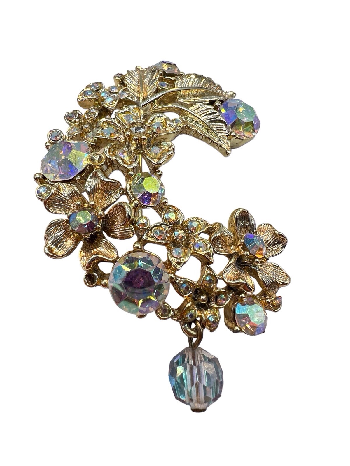 Crescent AB Rhinestone Brooch Floral Swag Dangle Bead Gold Tone Mid Cent READ B3