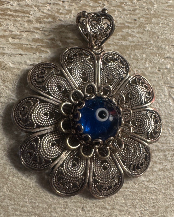 VTG Signed DGS Sterling Silver Filigree Glass Evil Eye Necklace Pendant only QVC
