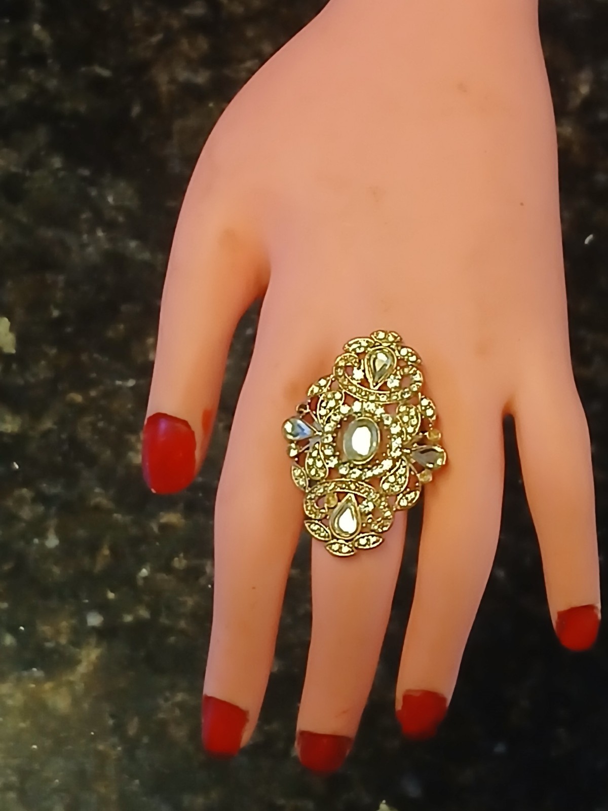 Vintage Rhinestone Ring in gold metal setting with adjustable band -1 size 4 all