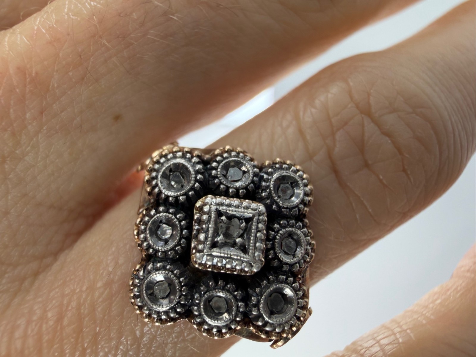 1793 Georgian Rose-Cut Diamond Cluster Ring, 18K Gold & Silver, London Hallmarks