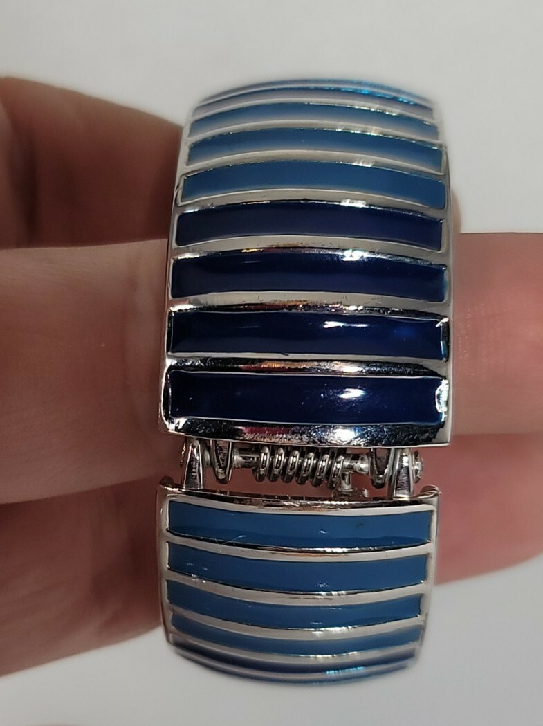 Vintage 6.5 ” Blue Tones Enamel On Silvertone Hinged Cuff Bracelet