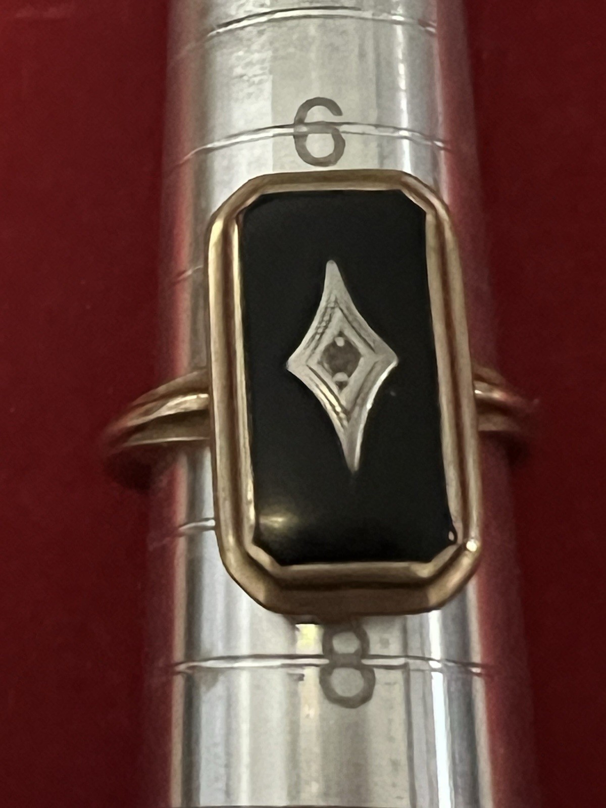 Victorian Mourning Ring 10K Black Onyx Diamond Size 7 Ring Signed BDA VG 3.5 g.