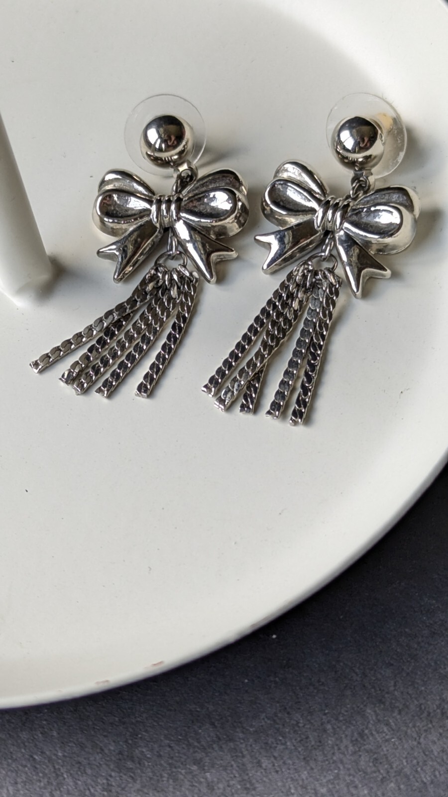 Vintage Silver Tone Ribbon Bow Tie Tassel Chain Charm Drop Stud Dangle Earrings