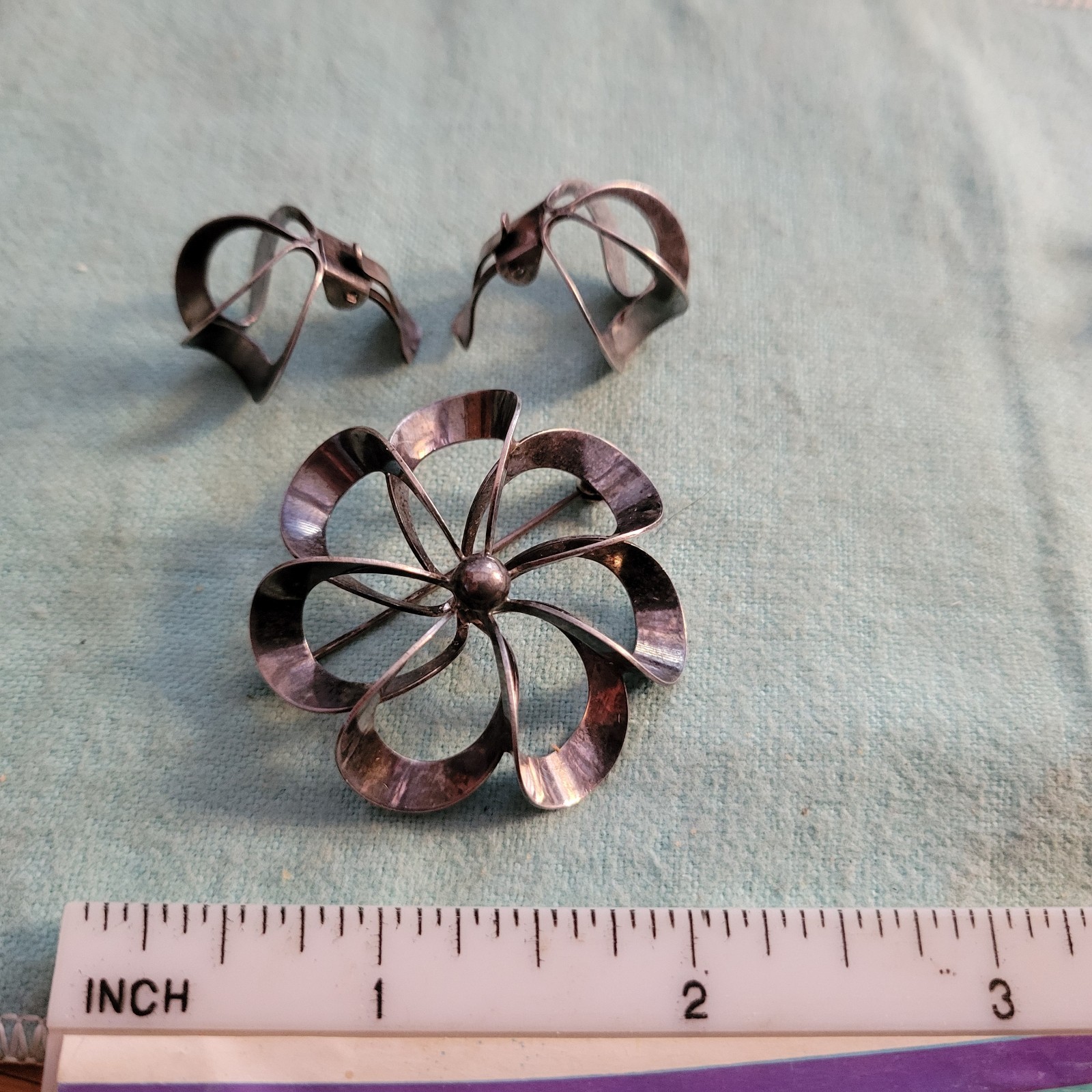 N. E. From Signed Sterling Abstract Modern Floral Brooch and Earrings DENMARK