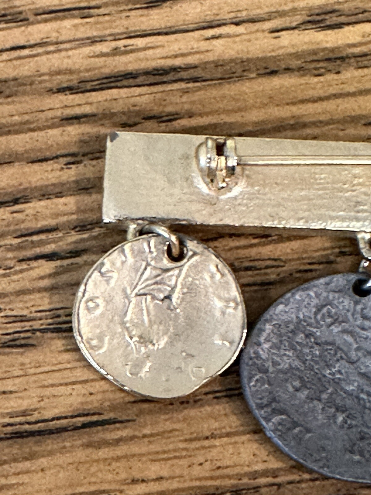 Vintage Brooch Pin ~ 4 Coin Charm Runway Bar Dangle Drop Mixed Metals ~ 2.75″