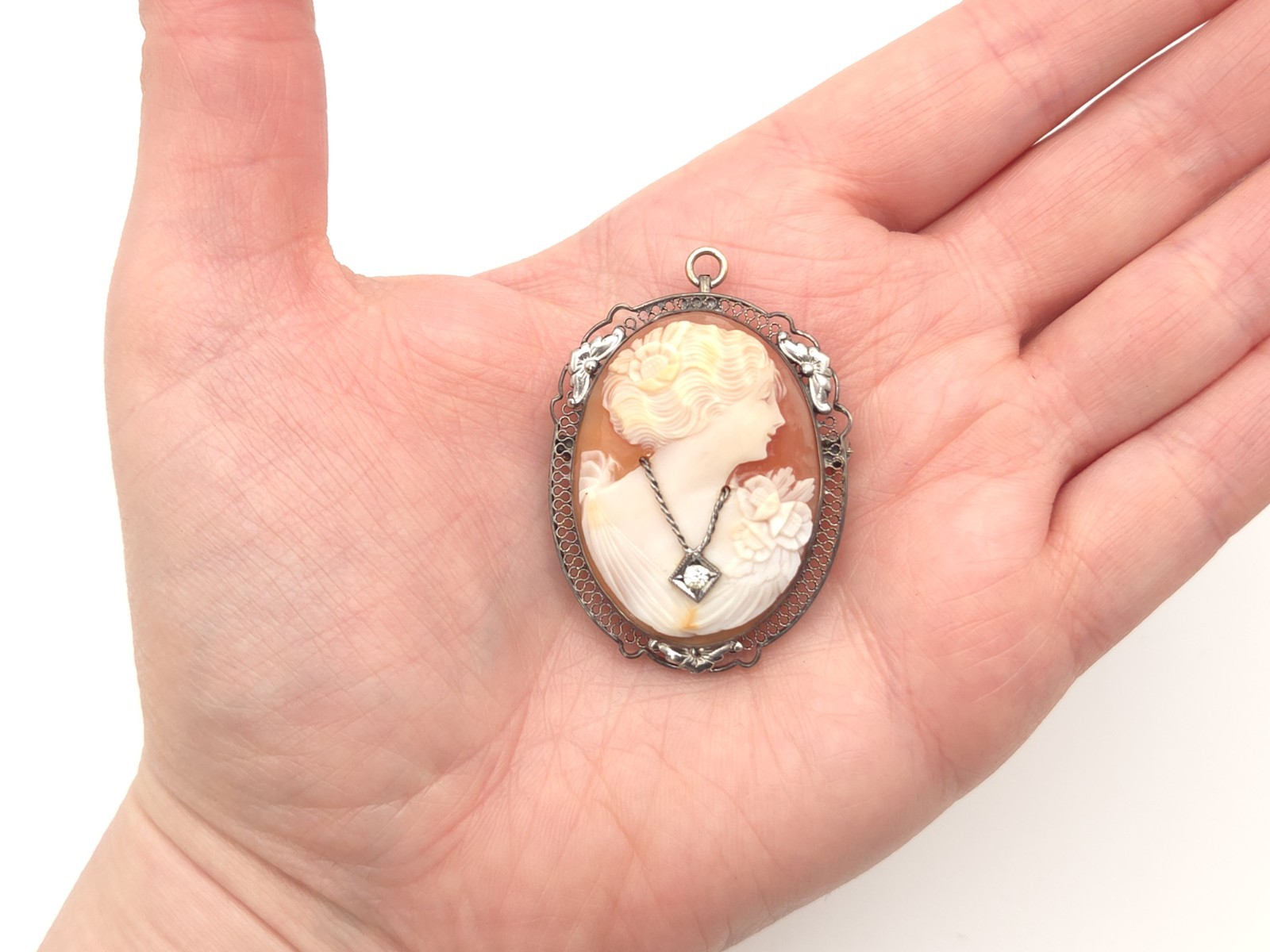 Art Deco Sterling Silver Carved Shell Habille Cameo Paste Stone Brooch Pendant