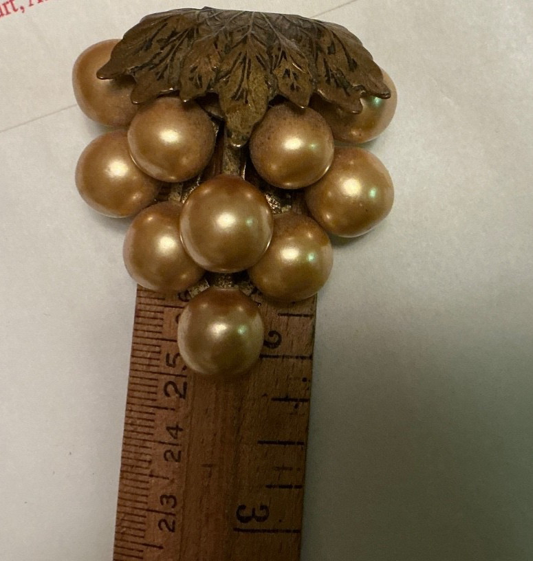 Vintage Gold Tone grape cluster necklace on 30” chain plus clip on earrings