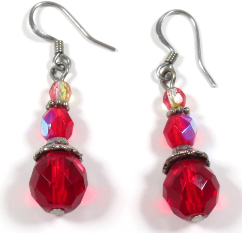 Vintage Red Faceted Bead Dangle Earrings Silver Tone Hook
