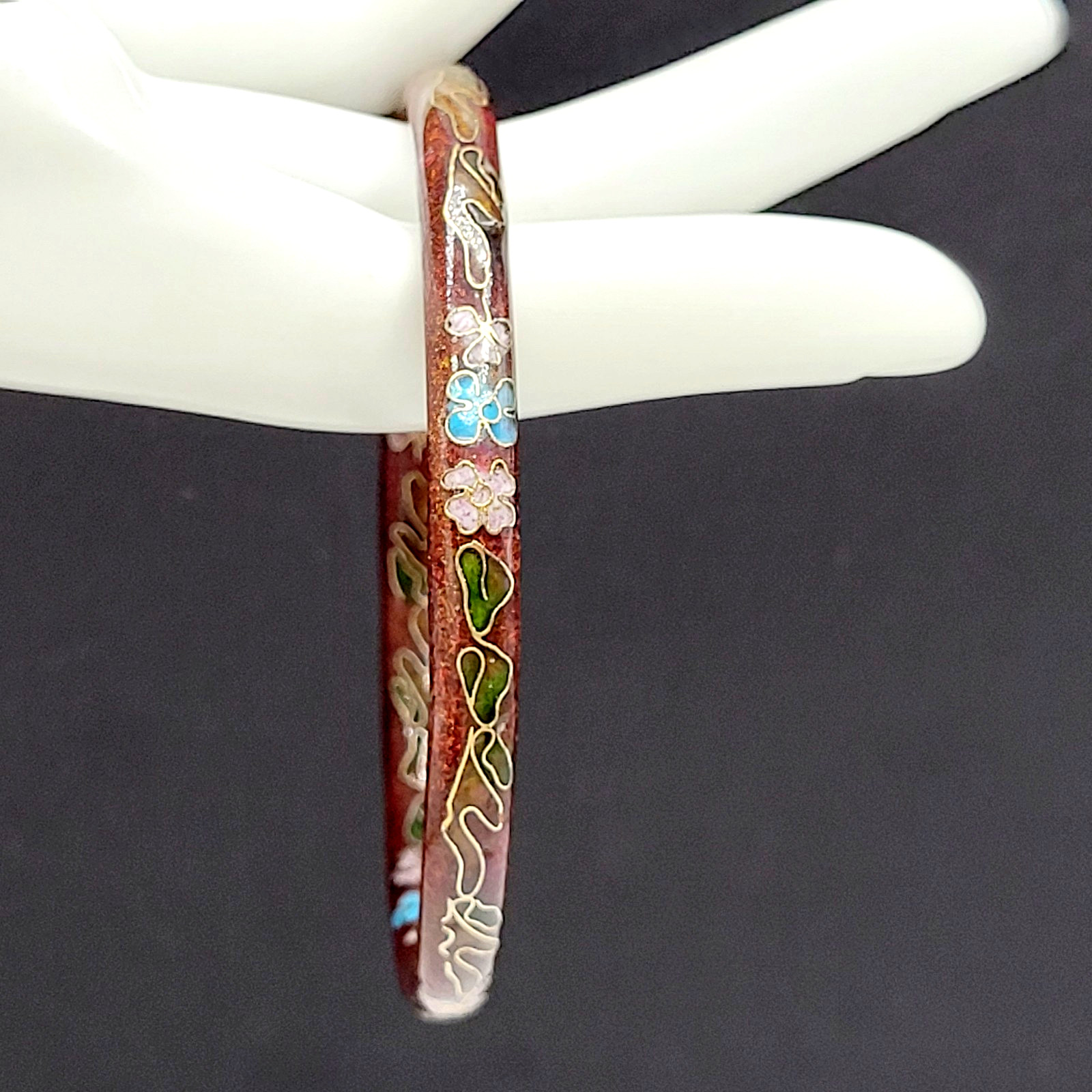 Cloisonné Deep Red Enamel Floral Hand Painted Asian Inspired Bangle Bracelet
