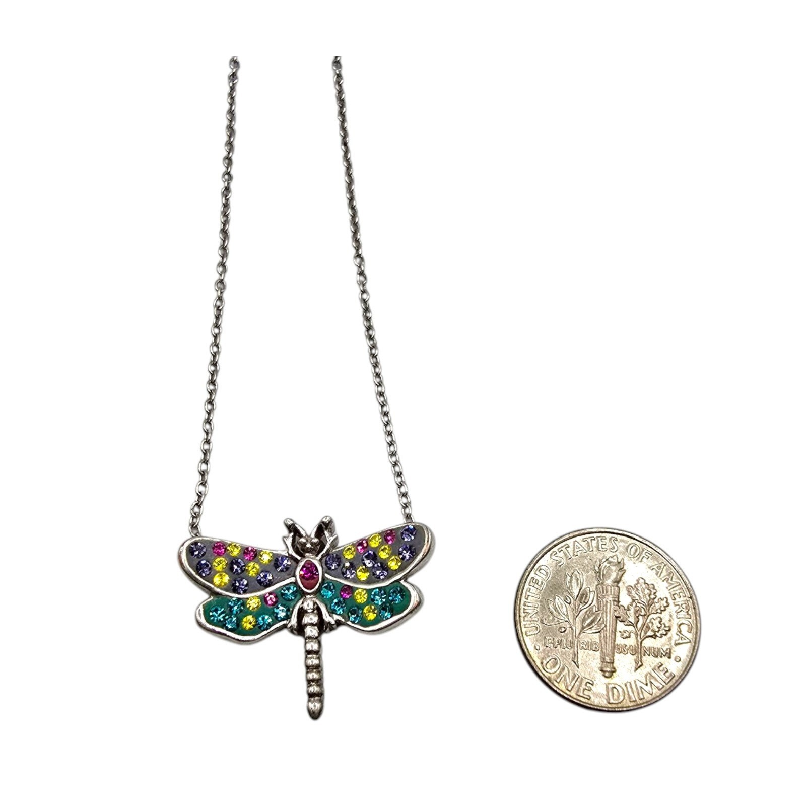 Necklace Small Dragonfly Pendant Multicolor Rhinestones Silver Tone 16″ SKU 2241