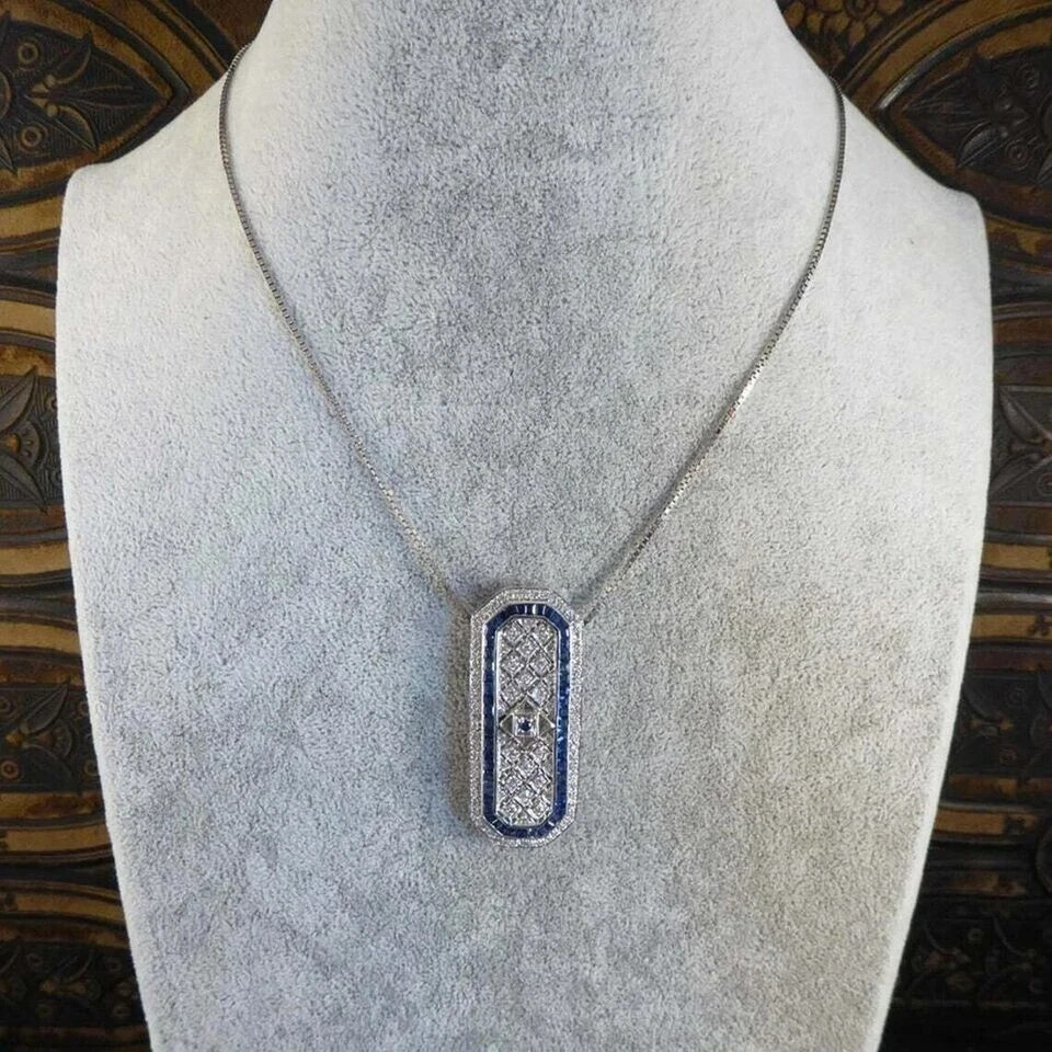 Art Deco Style Lab Created Diamond & Sapphire Wedding 14K White Gold FN Pendant