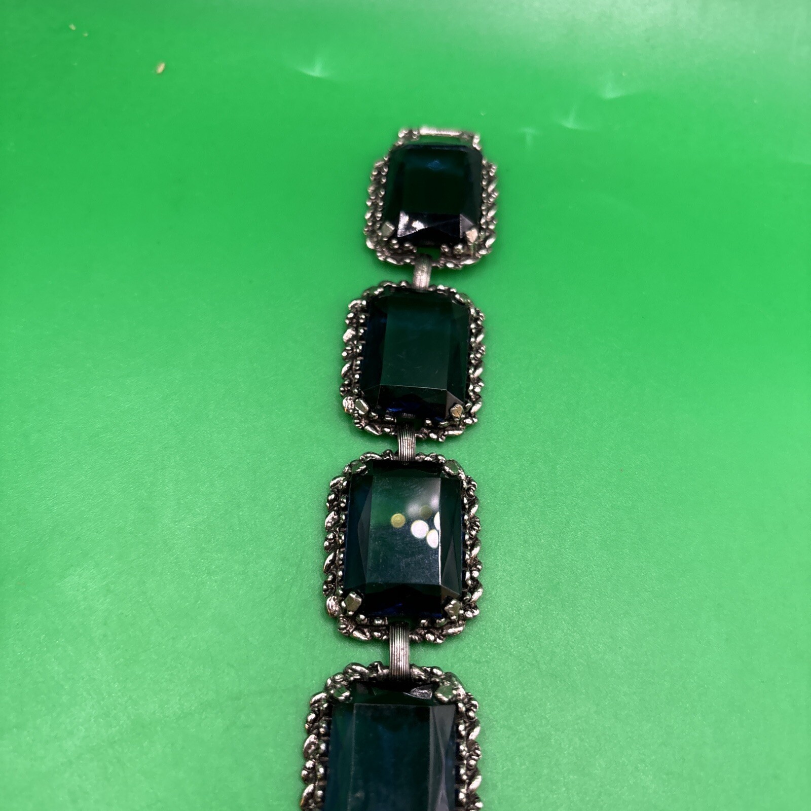 Vintage Blue Crystal Silver Tone Link Bracelet Floral 7 1/2”