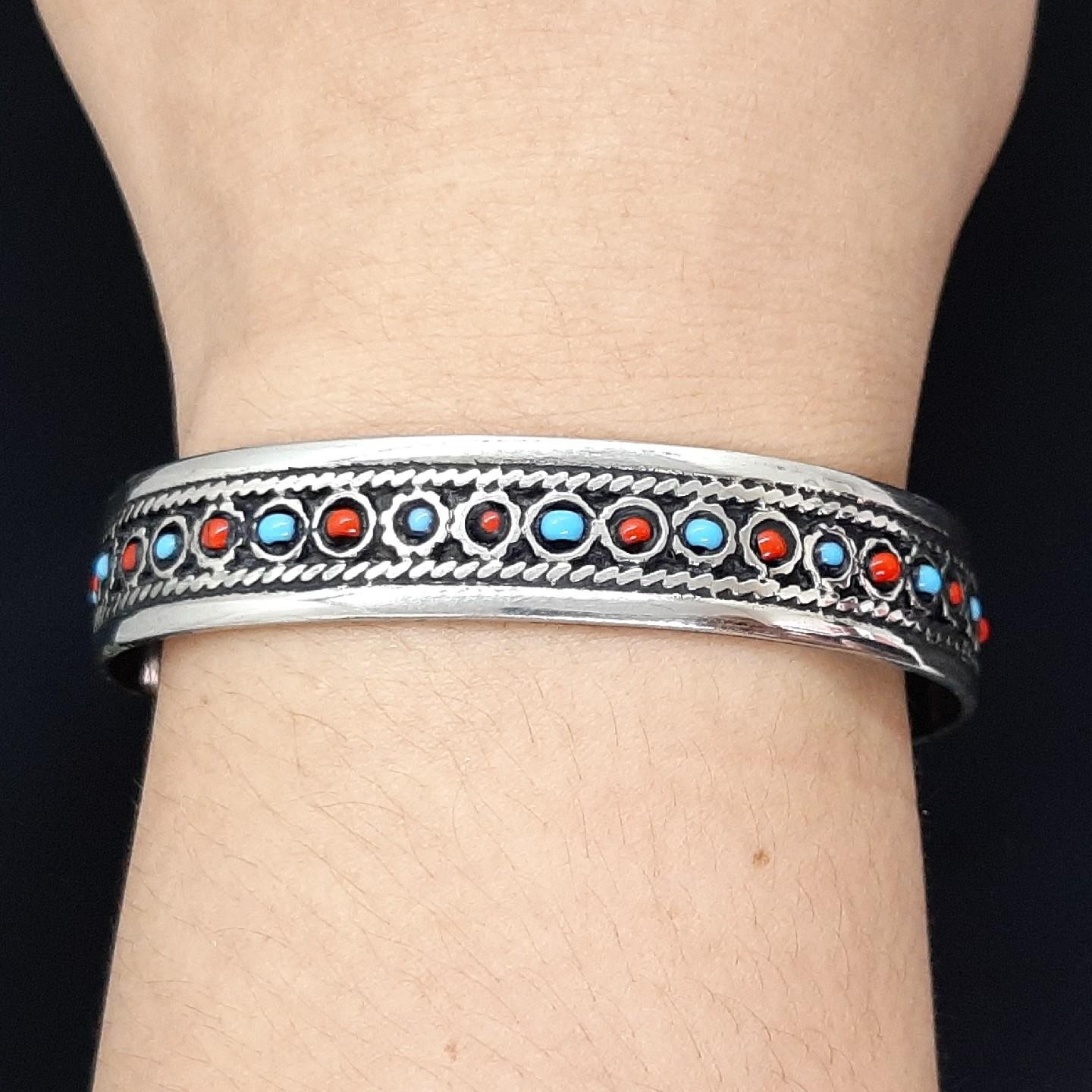 Antique 2.11ctw Turquoise & Coral Silver Bangle Bracelet 21.4g