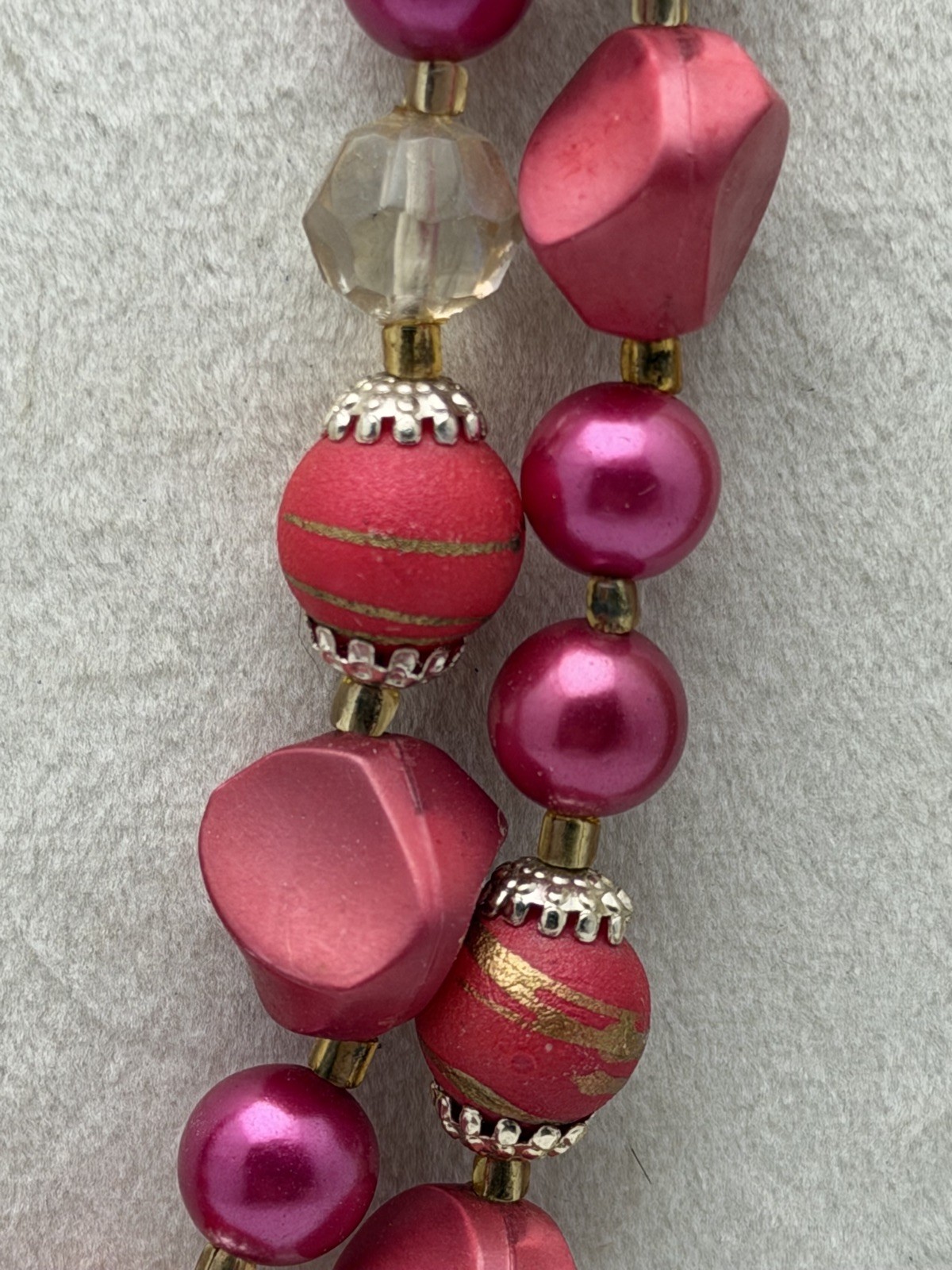 Vintage Japan Made Marked Pink & Red Three Strand Draping Beaded Necklace