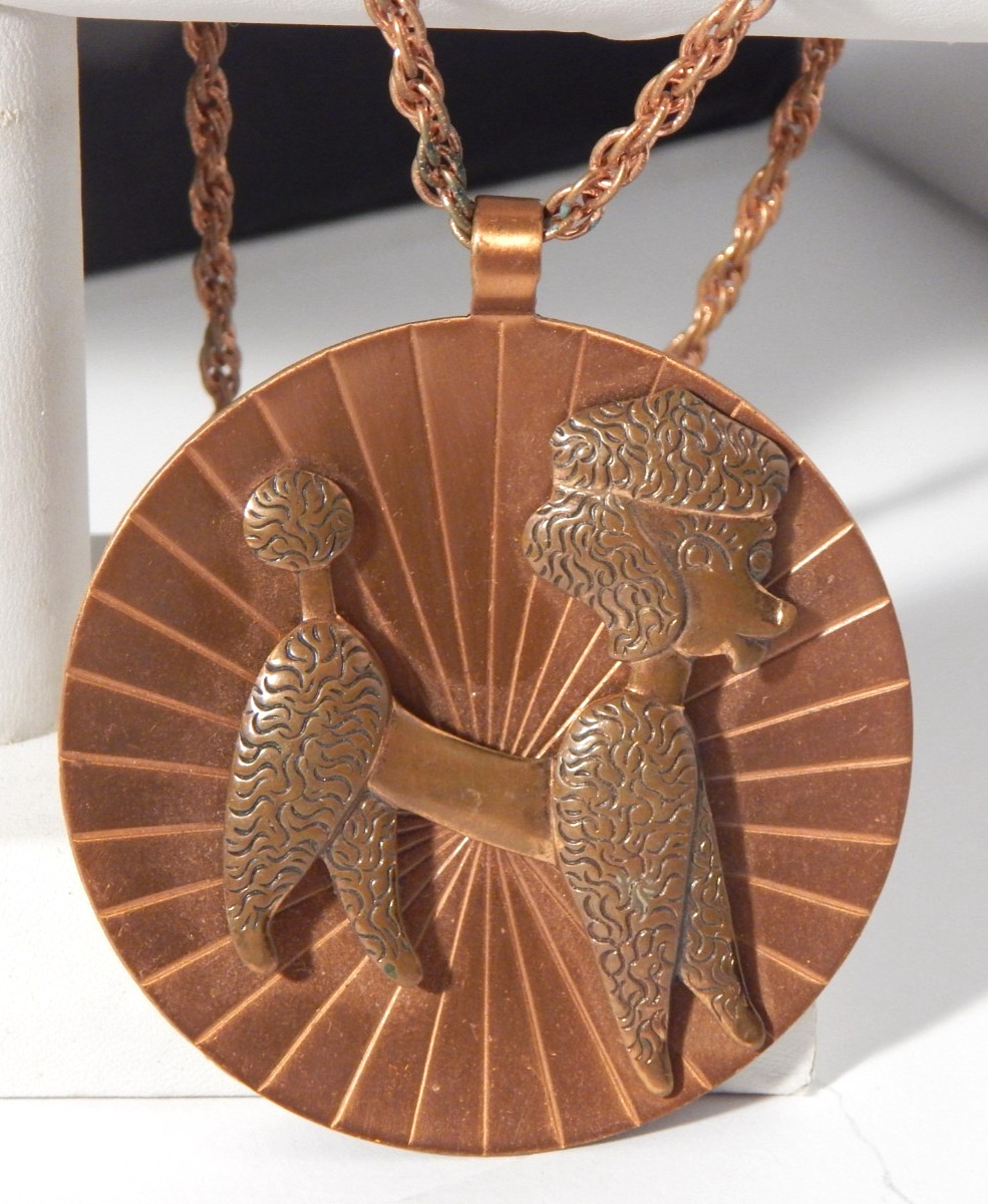 Vintage 1950’s Bell Trading Post Large Copper Poodle Pendant on 30″ Rope Chain
