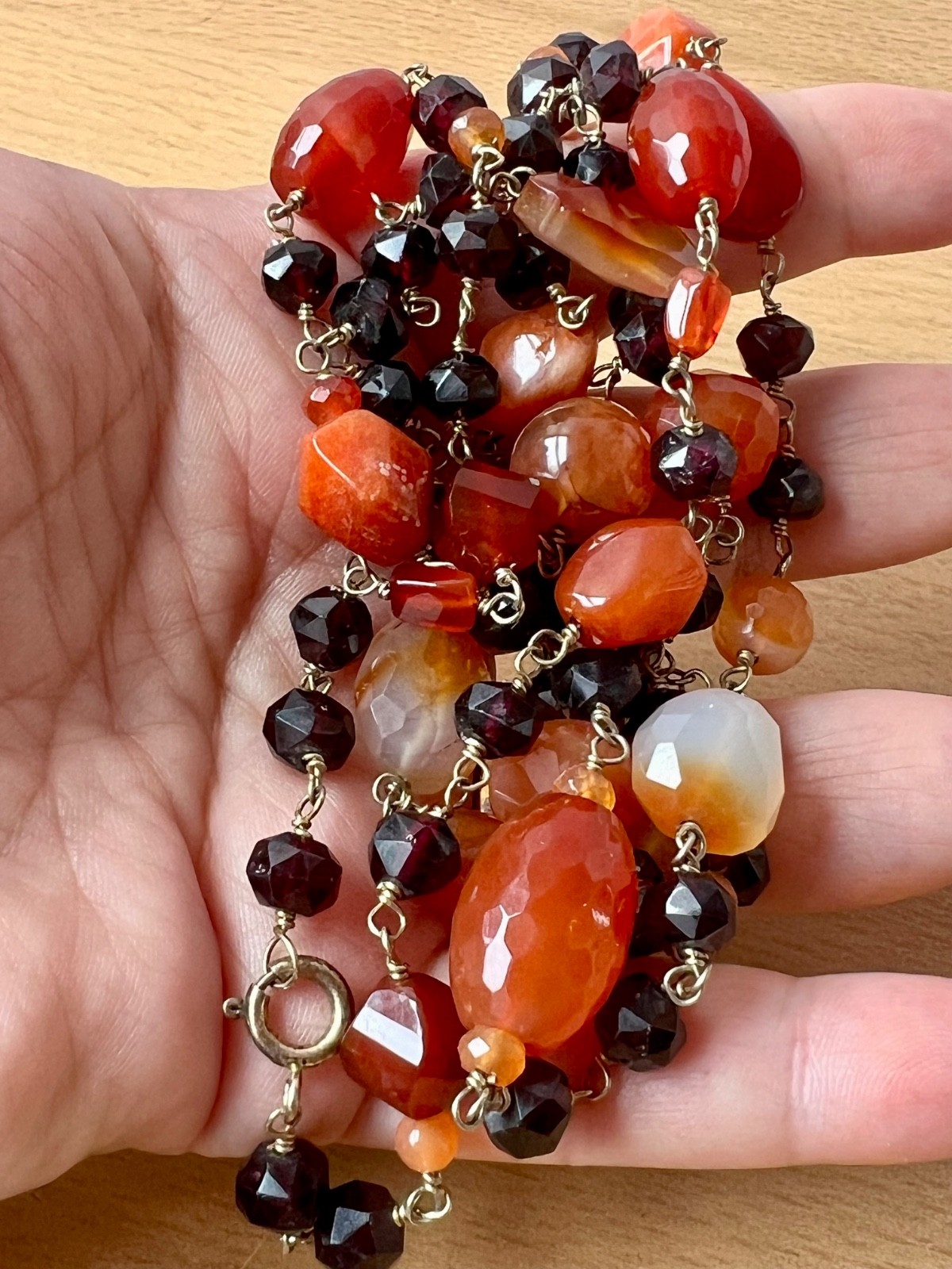 VINTAGE AGATE RHODOLITE GARNET 925 STERLING SLVR LONG STATION STATEMENT NECKLACE