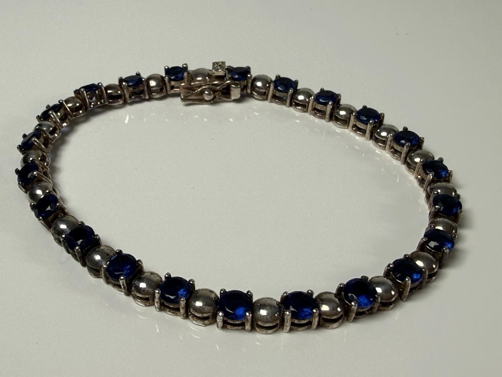 Vintage Sterling Silver Blue Glass Tennis 7” Bracelet Dee Berkley DBJ
