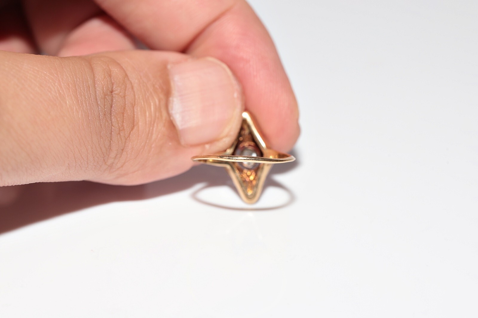 Antique Circa 1920s Art Deco 18k Gold Top Silver Natural Diamond Navette Ring