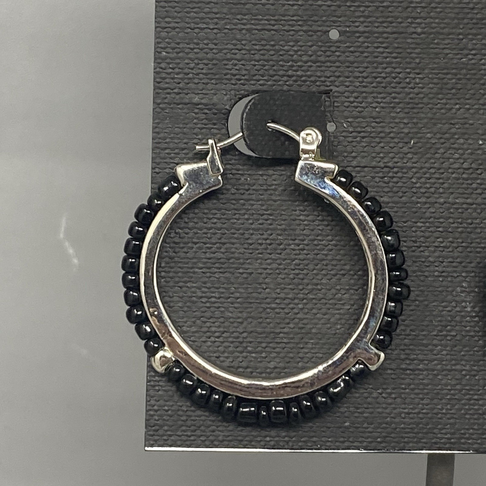 Cookie Lee Hoop Earrings Silver Tone Black Beads Dangle Drop Pierced NOS 1.5″