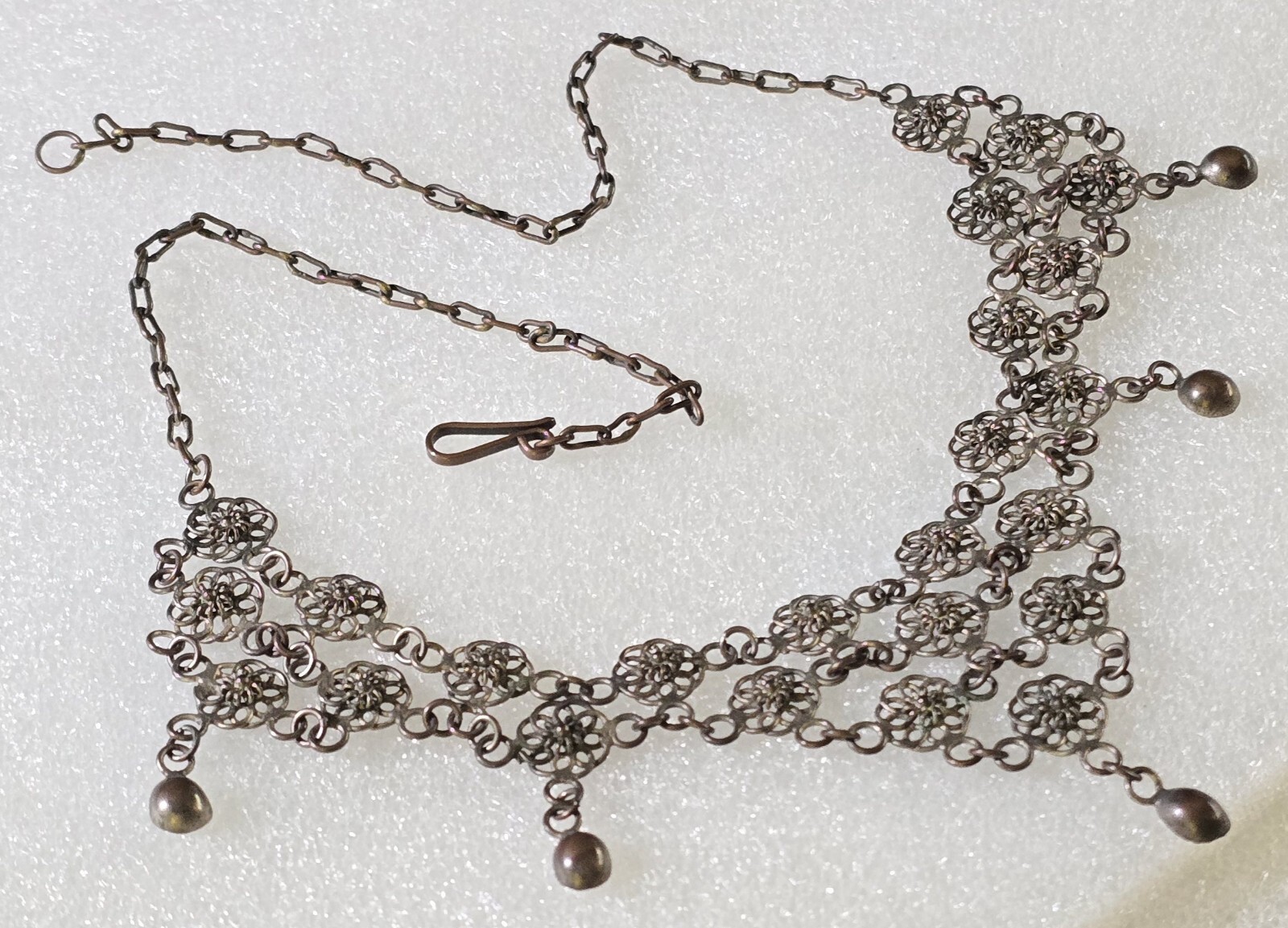 Vintage Etruscan Chain Mail Dangle Necklace & Cannetille Drop Pierced Earrings